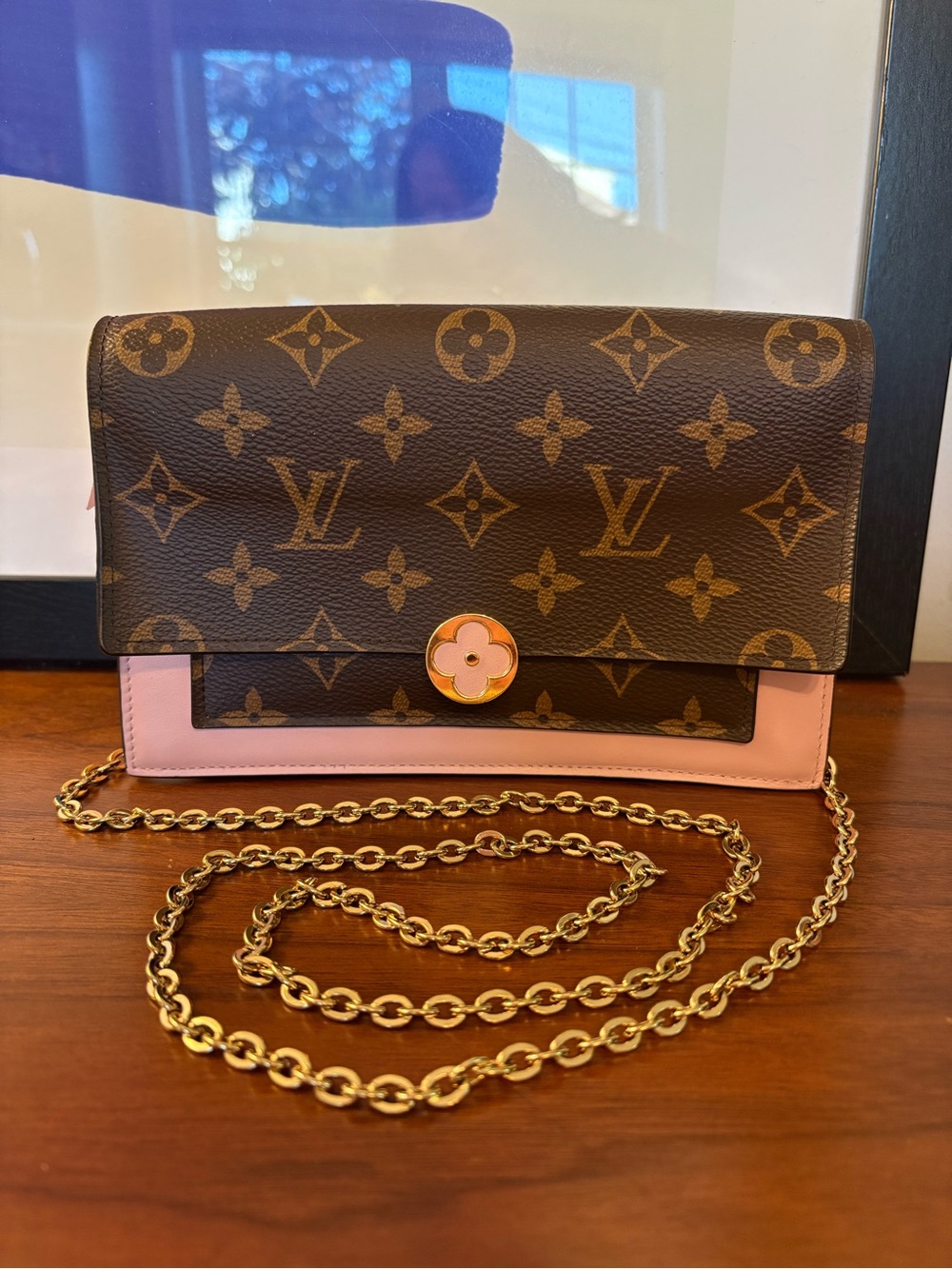 Louis Vuitton Flore Brown Monogram Crossbody with Light Pink Trim & Gold Chain